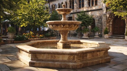 Obraz premium Ornamental stone fountain in sunny courtyard
