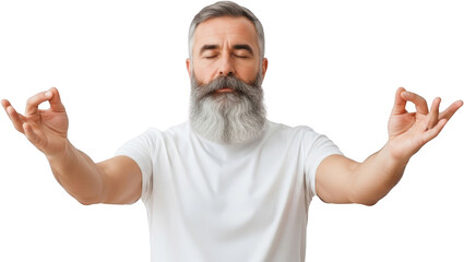 Mature man with grey beard meditating with eyes closed and fingers touching