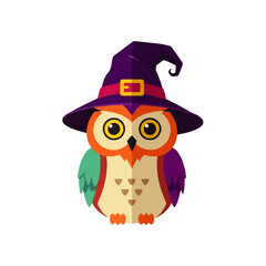 A cute cartoon owl wearing a witch's hat sits against a white background, conveying a whimsical and playful Halloween spirit.