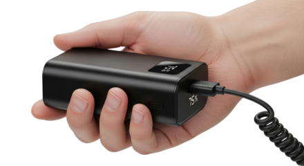 portable power a hand holds a black power bank, ensuring onthego energy, isolated on transparent background