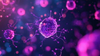 A vibrant digital depiction of microscopic cells, showcasing intricate structures in shades of purple and pink against a dark background.