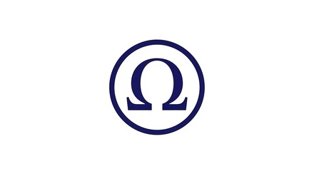 Omega symbol with circle, blue, and logo.