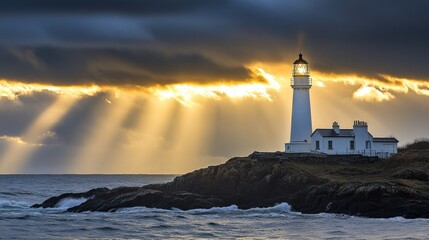 Fototapeta premium The Beacon of Hope: A solitary lighthouse standing tall against the sun's golden rays and stormy