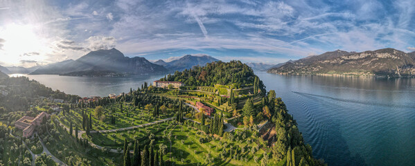 Aerial landscape of Bellagio villa and Lago di Como Lake in Italian Alps fall in Lombardy