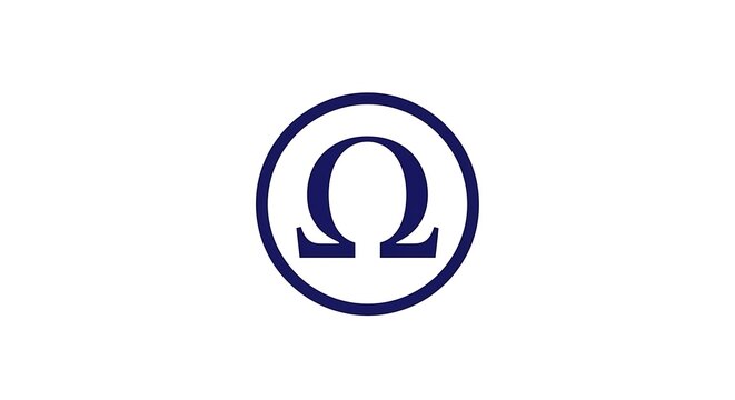 Omega symbol with circle, blue, and logo.