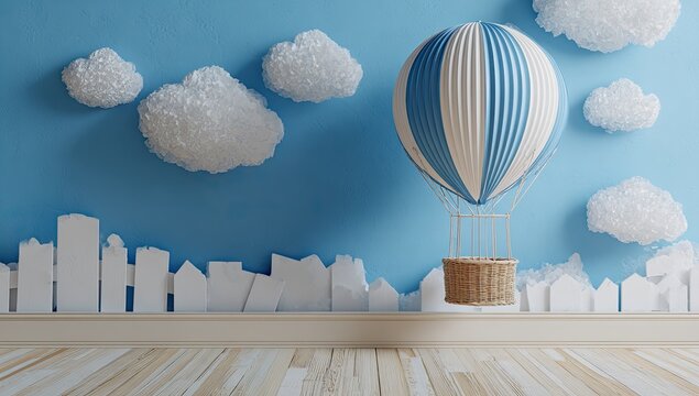 Childlike scene of a hot air balloon amidst clouds and miniature cityscape