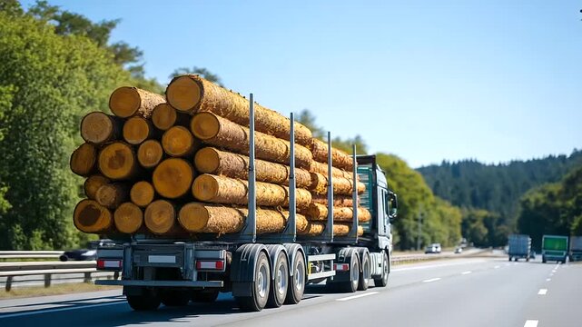 A timber truck transports large pine logs along a rural highway under a clear blue sky highlighting the contrast between sustainable forestry operations and modern logistics infra