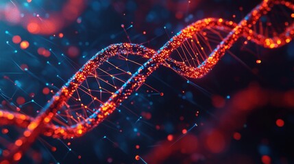 A vibrant, abstract representation of a DNA double helix, showcasing intricate details and glowing elements in red and blue hues.