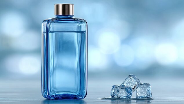 Blue rectangular water bottle with ice