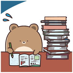 たくさんの本と書類に囲まれて必死に勉強するクマ