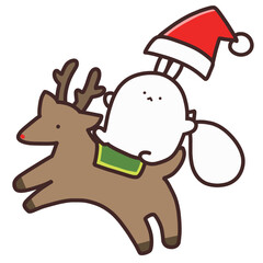 トナカイに乗っているサンタの格好をしたウサギ　背景なし