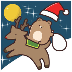 トナカイに乗っているサンタの格好をしたクマ　背景あり