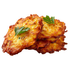 Delicious potato latkes with parsley garnish for holiday celebration food isolated on transparent background