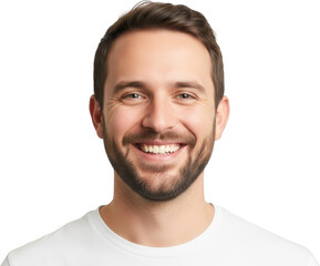 Obraz premium Close up portrait of a smiling man with short brown hair and a beard wearing a white t shirt