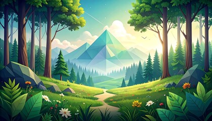 Colorful forest scene with mountains