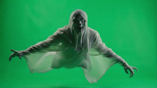 A ghostly figure with outstretched arms floats against a vibrant green screen backdrop in studio halloween ghost green screen video