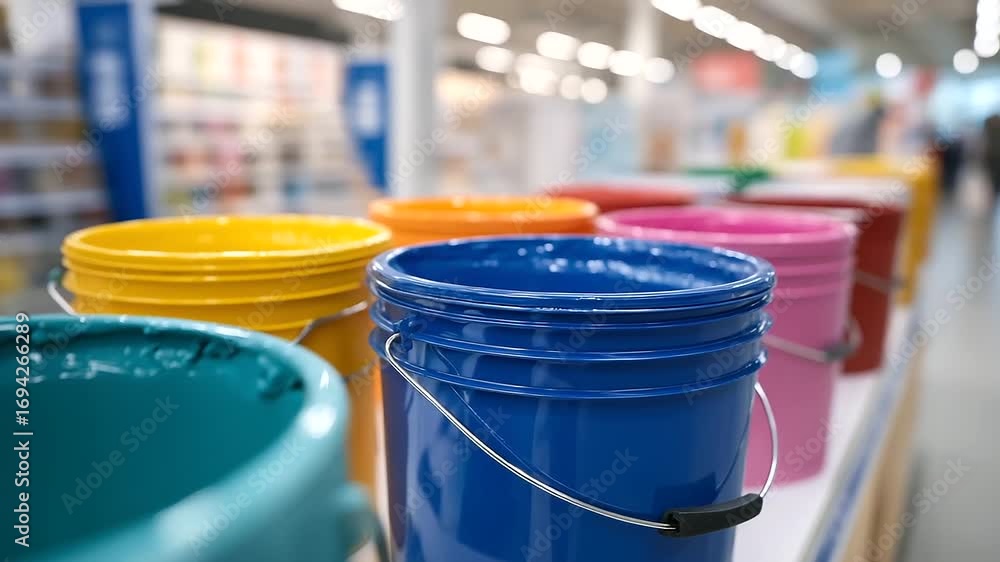 Poster colorful paint buckets with splashed lids line a store aisle featuring a blurred background of signa