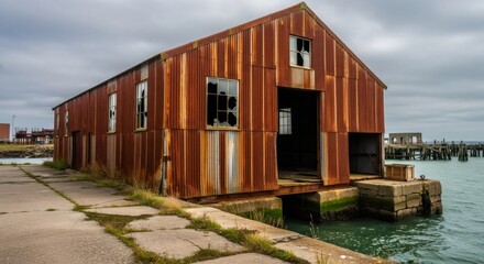 Fototapeta premium Rusty weathered boathouse on coastal pier. Abandoned industrial building with broken windows. Melancholic seaside scene. Nostalgic 80s-90s vhs style image for urban exploration concept