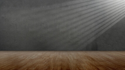 Striking light beam shines across the interior of the room with concrete walls and a wooden floor. Mockup, copy space, or template. Empty backdrop podium for product or text display