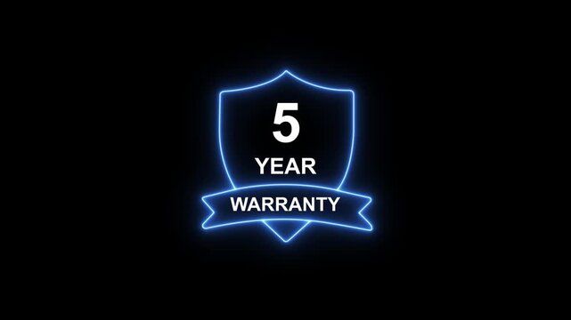 5 year warranty -Stamp, Imprint, Seal Template concept on the transparent background. Glowing neon Animation. warranty idea. 4k video