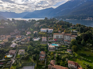 Aerial landscape of Bellagio villa and Lago di Como Lake in Italian Alps fall in Lombardy
