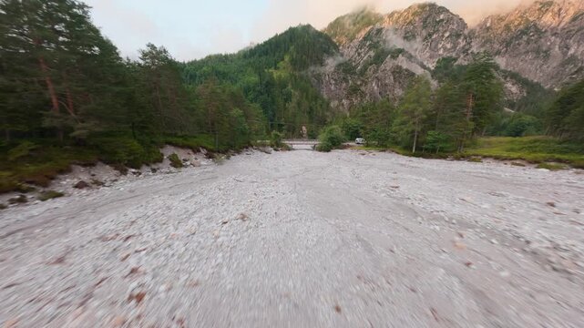 Aerial view of drought impact in alpine riverbed, Austrian Alps