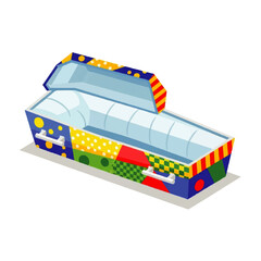 A brightly colored, patchwork coffin rests open against a stark white background, conveying a playful yet subtly morbid mood.