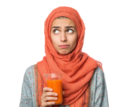 Concerned woman with drink expressing emotion isolated on transparent background