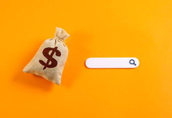 Dollar money bag and search line. Where to invest or how to earn more money, financial advice, personal finance tools, digital investing, smart choices, wealth management, economic strategy.
