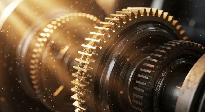 Golden gears mechanism illustration reflecting precision engineering and motion - Powered by Adobe