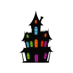 A whimsical haunted house silhouette with brightly colored windows glows mysteriously against a white background.