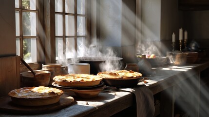 Warm pies cooling on a rustic windowsill as sunlight streams through in a cozy kitchen setting