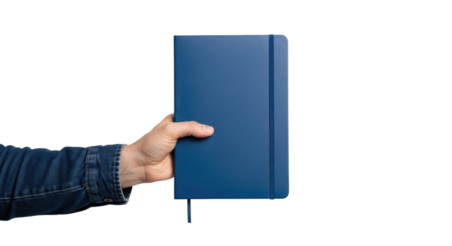 presenting a navy blue notebook ideas, plans, and dreams take shape, isolated on transparent background