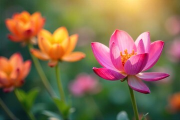 Fototapeta premium Close-up of vibrant, blooming flowers gently swaying in a soft breeze, conveying serenity and tranquility Perfect for spa, wellness, and nature themes , breeze, delicate, calm