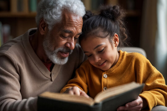 grandfather and granddaughter looking at photo album together at home in living room, family concept