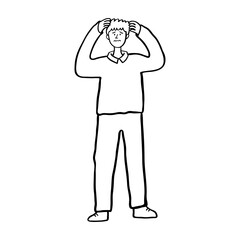 Man feeling overwhelmed. Stressed man. Person in Panic. Confused Man. Hand drawn people illustration.