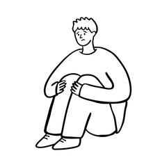 Depressed anxious man huddling alone. Lonely person. Hand drawn people illustration.