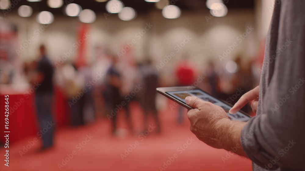 Poster Medium shot capturing a user accessing an accessible virtual trade show platform on a tablet with intuitive navigation elements subtly out of focus around.