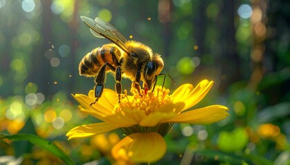 Naklejka premium una abeja recolectando néctar de una flor blanca en un bosque iluminado por la luz natural. La escena está capturada en primer plano, con enfoque nítido en la abeja y la flor, mostrando detalles