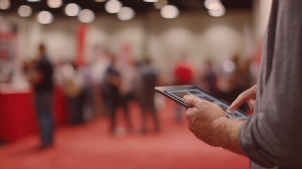 Medium shot capturing a user accessing an accessible virtual trade show platform on a tablet with intuitive navigation elements subtly out of focus around.