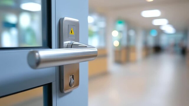 Fire rated door with automatic closing mechanism panic bar hardware and inspection tags installed in hospital corridor with clear visibility windows and safety certification lab