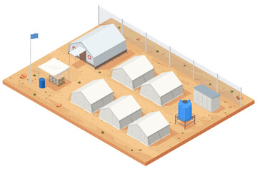 Isometric illustration of a refugee camp with tents, medical aid station, water tank and supply area, representing humanitarian aid and crisis shelter.