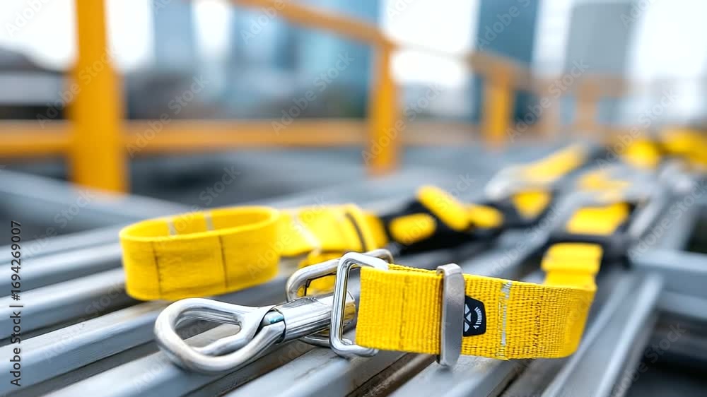 Poster fall protection anchor points and safety harness systems installed on rooftop with proper rigging eq