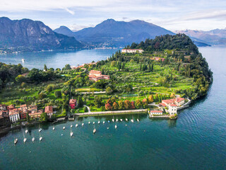 Aerial landscape of Bellagio villa and Lago di Como Lake in Italian Alps fall in Lombardy