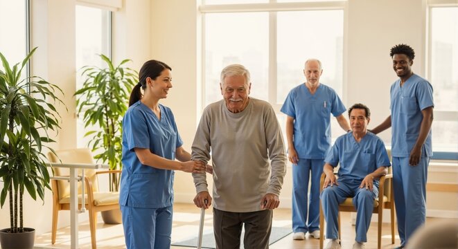 Senior man walking with a cane during a physical therapy session with a nurse. A diverse medical team provides support in a rehabilitation center. Elderly healthcare and recovery concept.