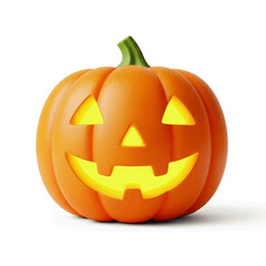 A cheerful jack-o'-lantern pumpkin glows brightly against a pure white background, radiating festive Halloween spirit.