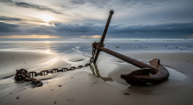 Rusty anchor on sandy beach at sunset. Melancholic maritime scene with cloudy sky and ocean waves. Nostalgic 80s-90s vhs style coastal imagery for travel poster