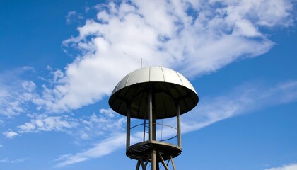 Elevated water tower stands against a partly cloudy blue sky backdrop