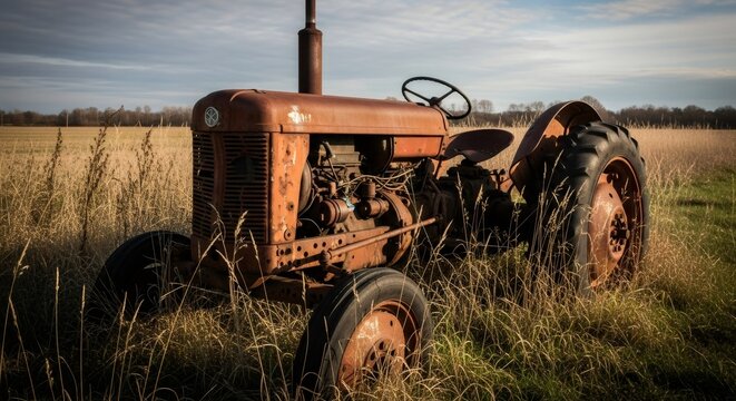 Rusty vintage tractor abandoned in overgrown field. Nostalgic rural scene with old farm machinery. Melancholic 80s-90s vhs style image of agricultural history and decay - Powered by Adobe
