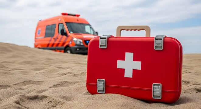 Orange first aid kit on the sandy beach with ambulance in background. - Powered by Adobe